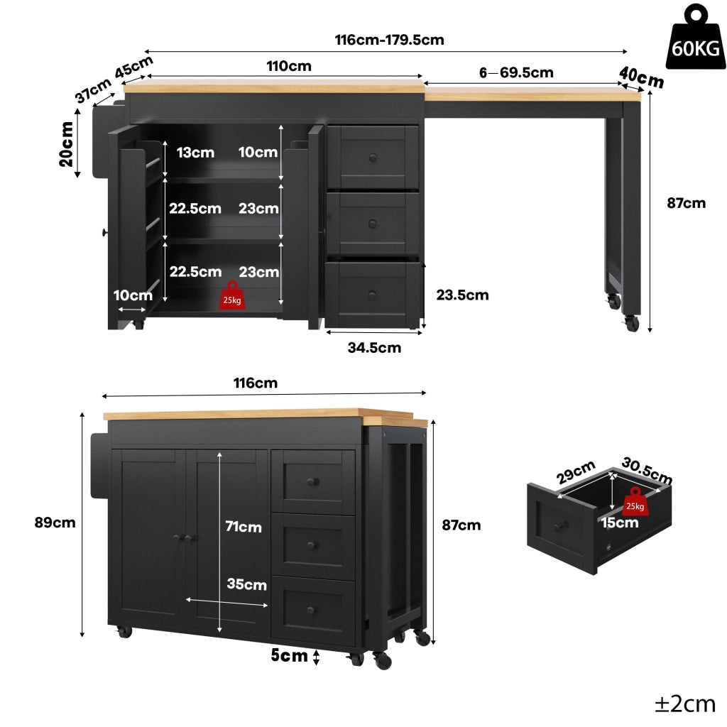 Mobile base da cucina con piano allungabile; 3 cassetti; armadio e ruote in MDF nero 116–179.5 × 45 × 89 cm