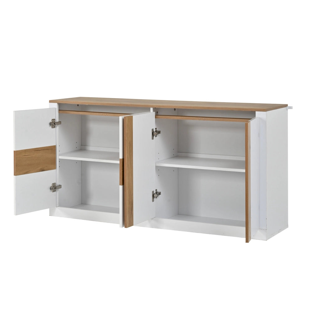 Credenza Bianca Lucida 140 cm con LED RGB; Mobile Soggiorno 4 Ante in MDF; Finitura Rovere