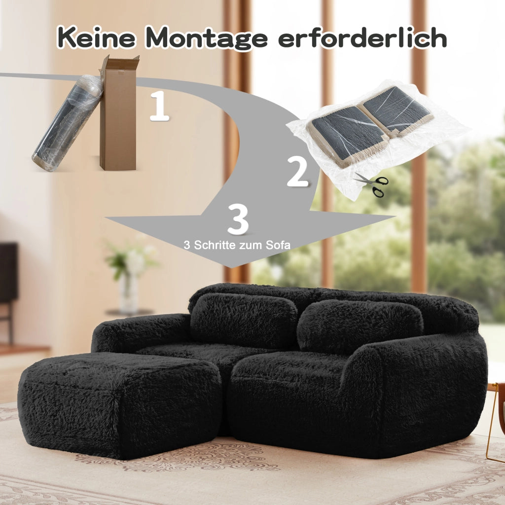 Divano angolare modulare a 2 posti in tessuto plush nero con seduta ampia base antiscivolo senza montaggio