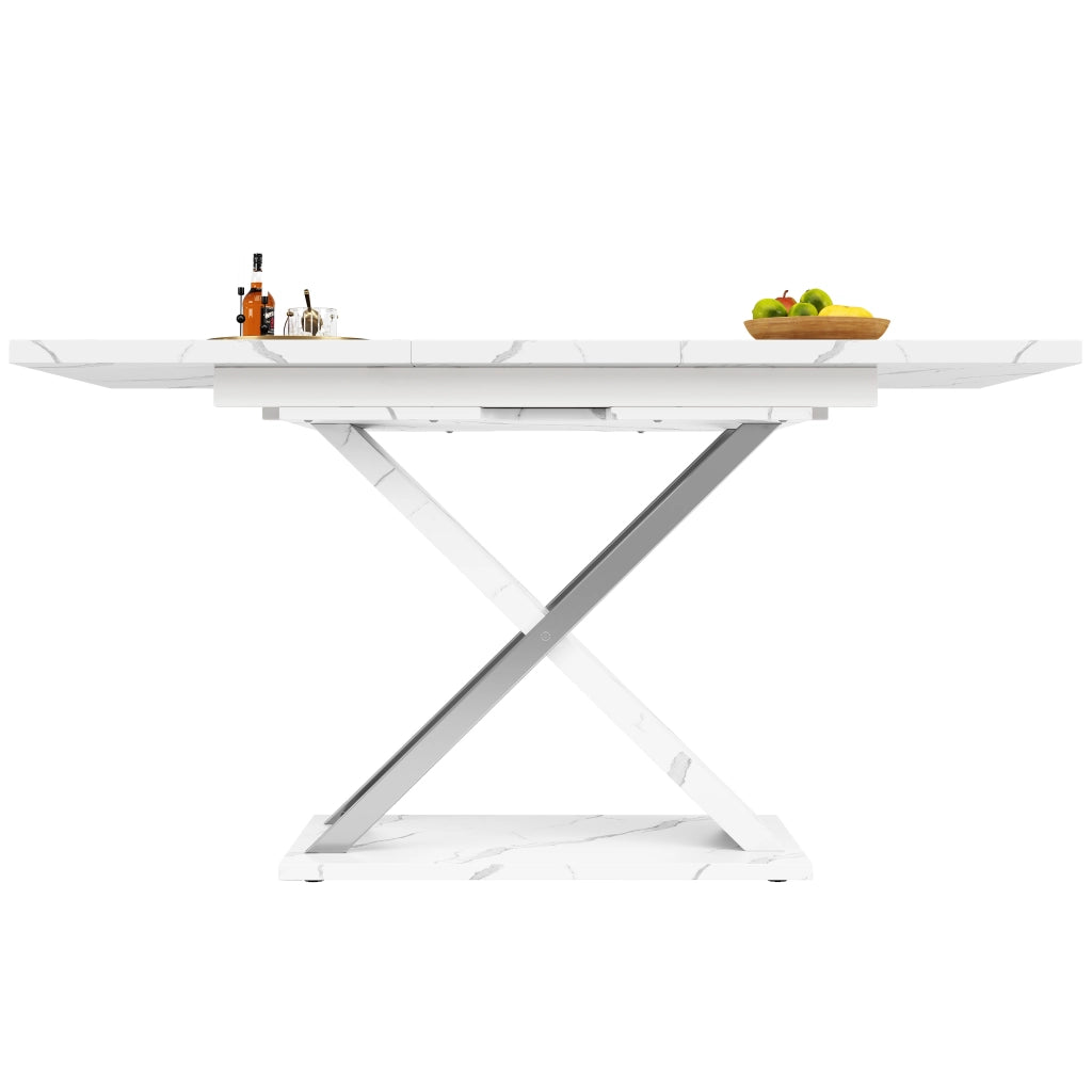 Tavolo allungabile da pranzo con piano effetto marmo e gambe incrociate bianco 118-157 × 75 × 76.4 cm