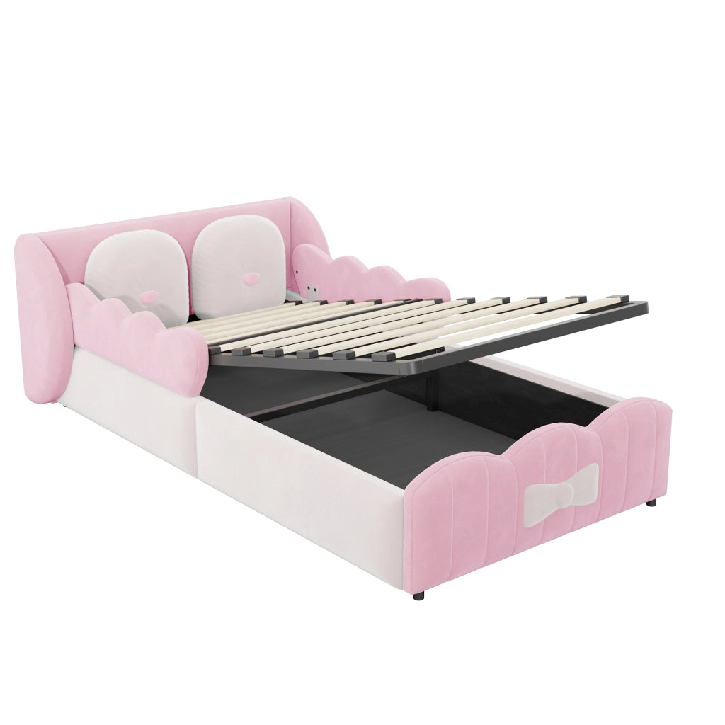 Letto imbottito per bambini 90 x 200 cm; contenitore idraulico; velluto rosa per cameretta