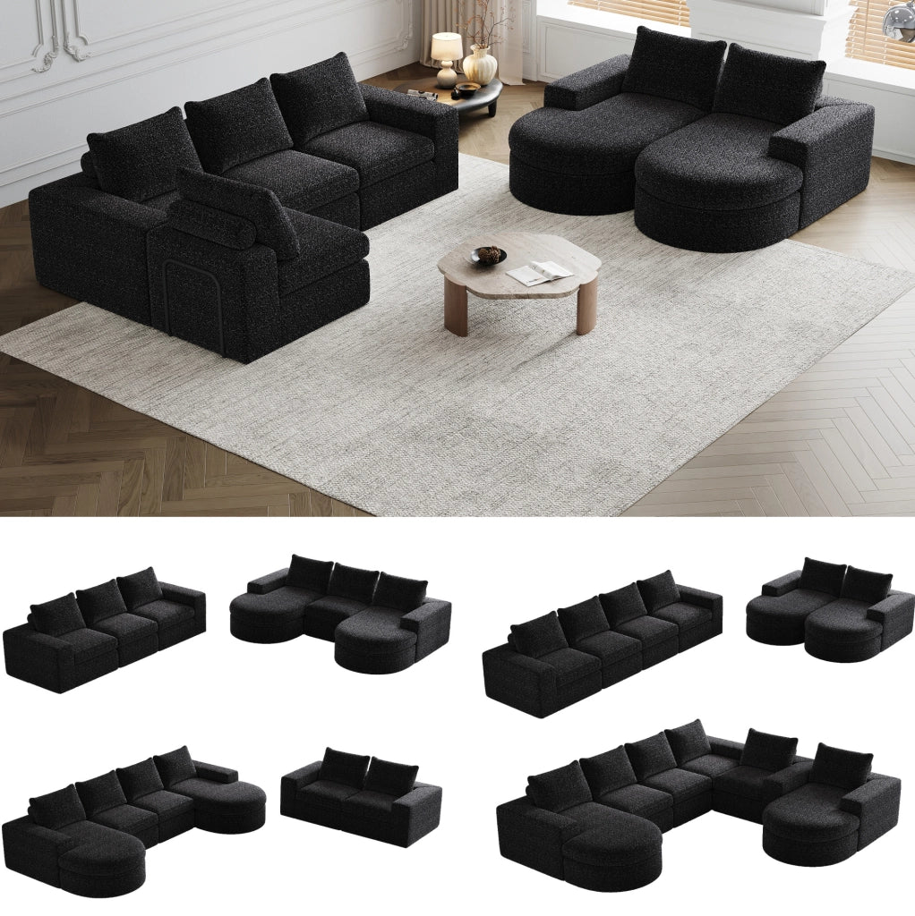 Divano modulare ULEVR 250x160 cm con chaise longue reversibile, 4 moduli e 3 cuscini in ciniglia nera