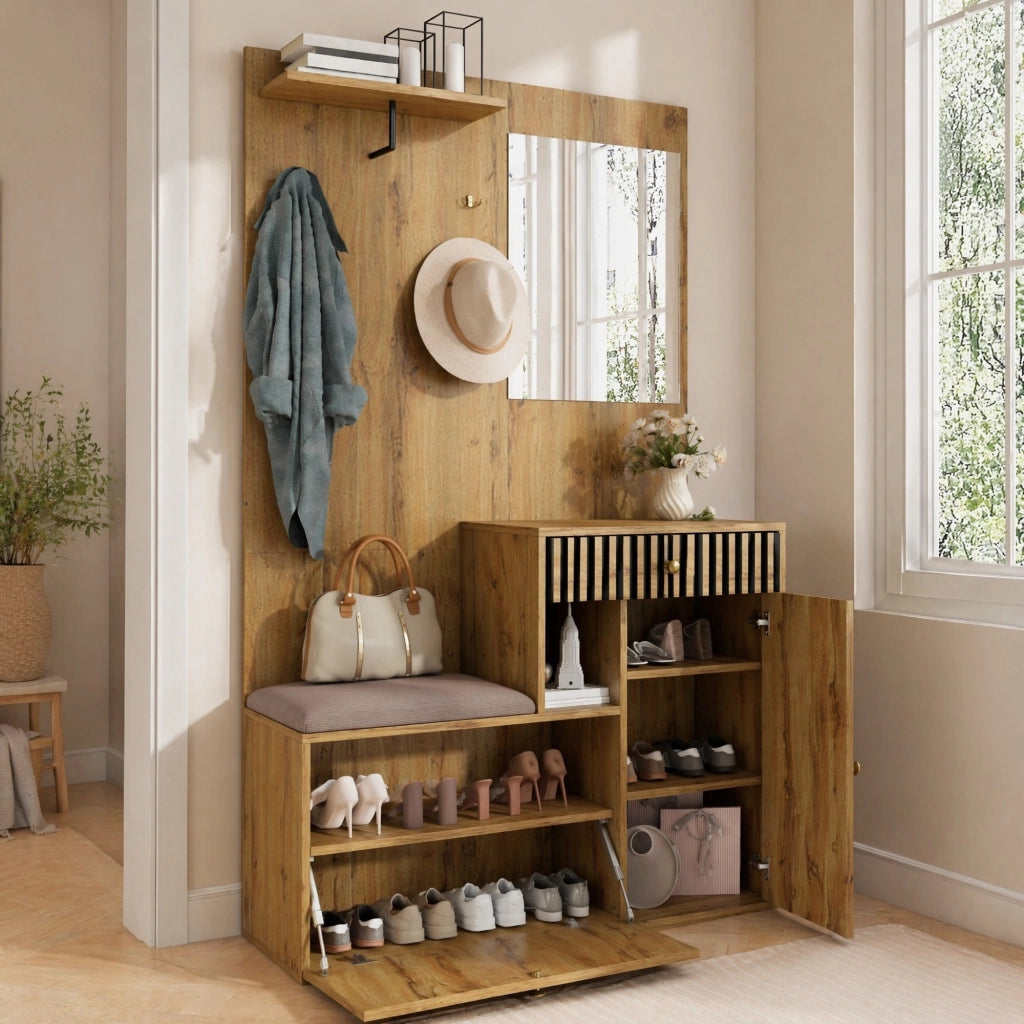ARMADIO Ingresso con Specchio e Seduta 110x37x185,5 cm MDF Nero e Legno