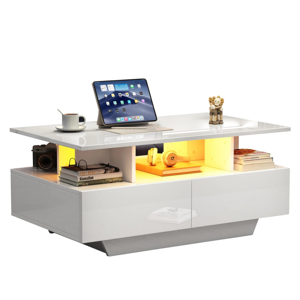 Tavolino da caffè lucido con LED; 2 cassetti; 90x55x41 cm; bianco