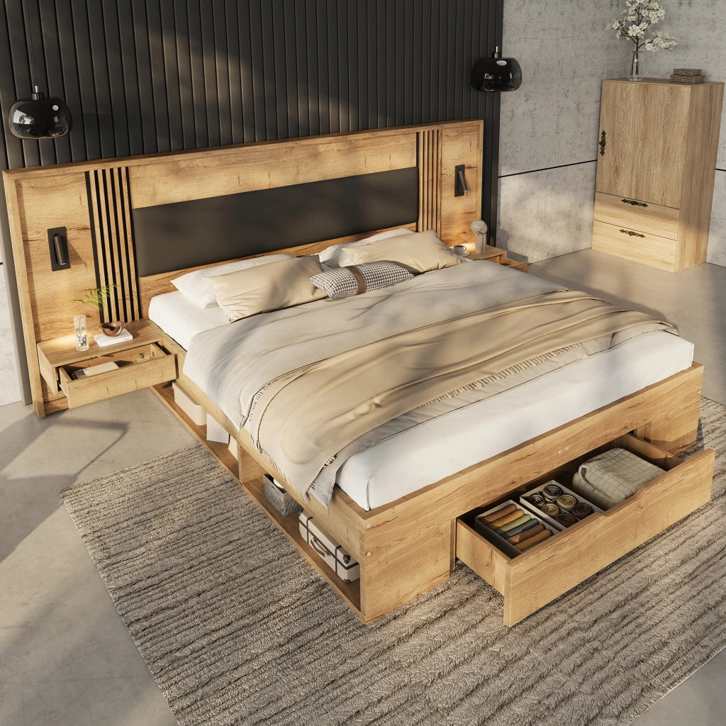 Letto matrimoniale 180 × 200 cm con cassetto e vani portaoggetti in MDF naturale con testiera imbottita in PU