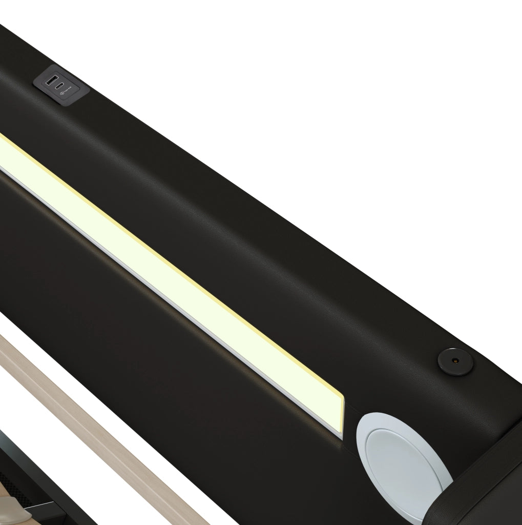Letto imbottito ULEVR 90x200 cm con contenitore idraulico, LED, Bluetooth e 2 porte USB, nero