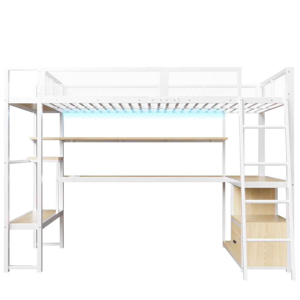 Letto a soppalco 140 × 200 cm con scrivania; LED; stazione di ricarica; scaffali e armadio in metallo e MDF bianco