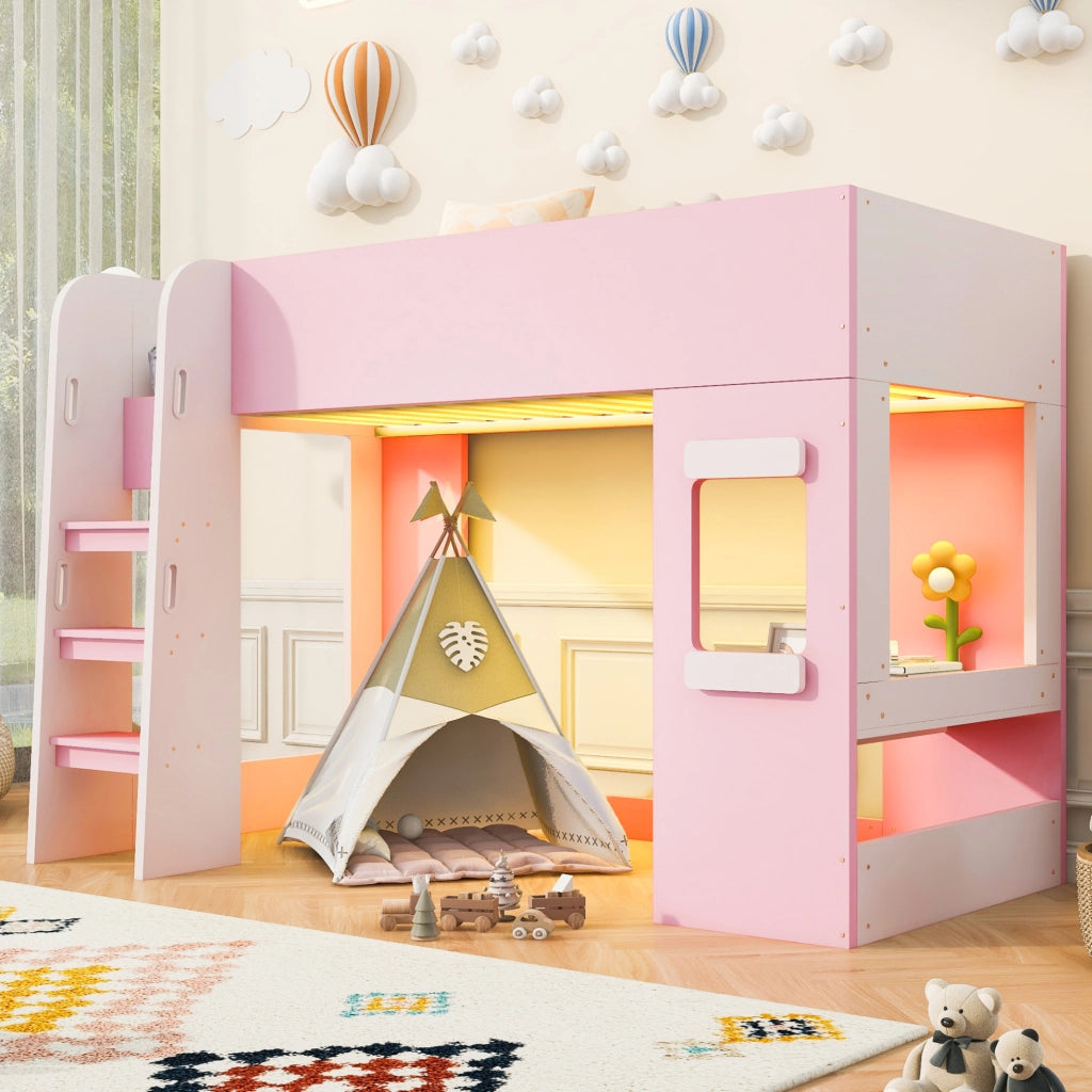 Letto a soppalco 90x200 cm con scrivania e LED in MDF e compensato rosa