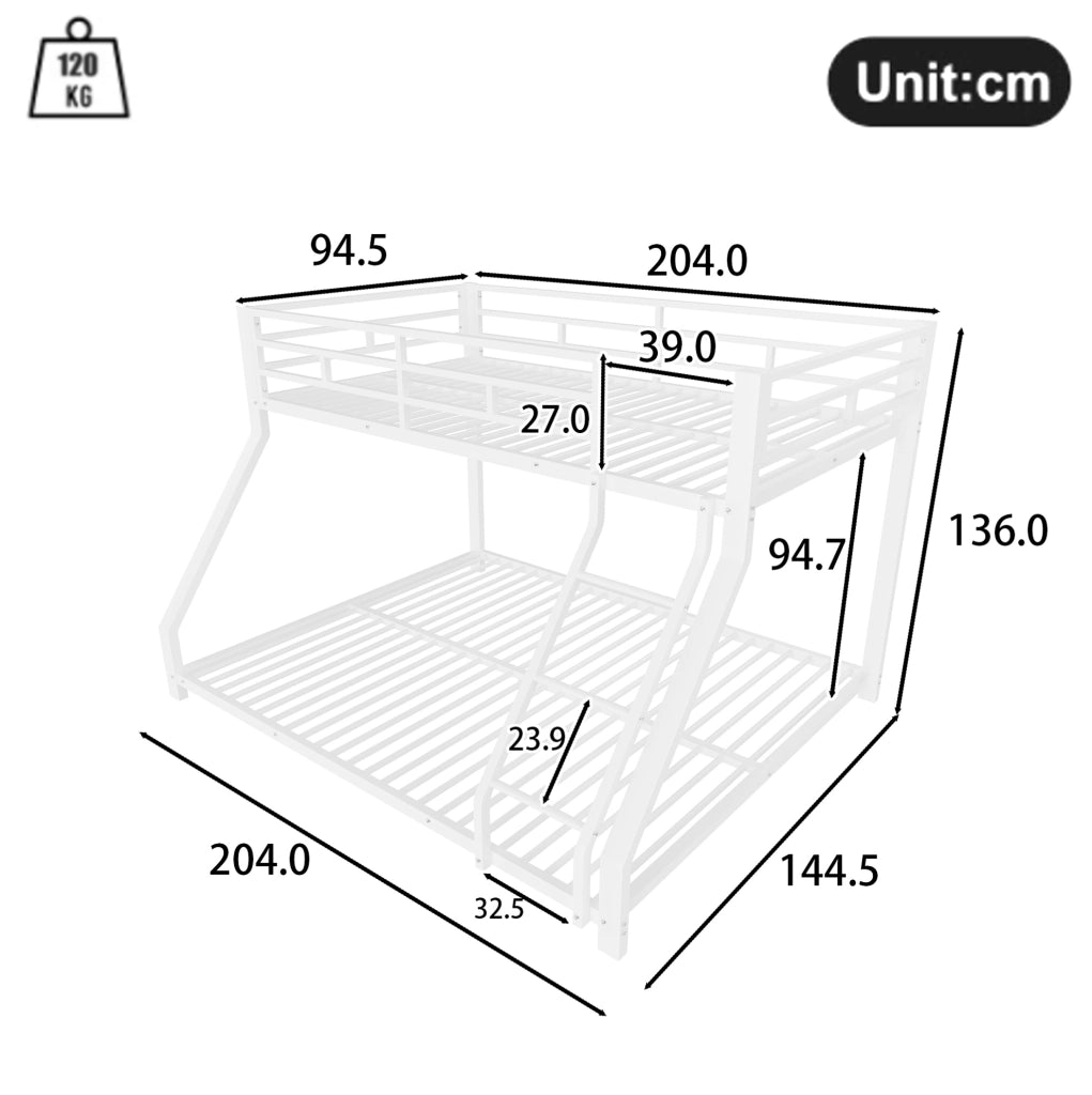 Letto a castello ULEVR 90x200 e 140x200 cm in metallo bianco con scala, sponde di sicurezza e certificazione EN 747