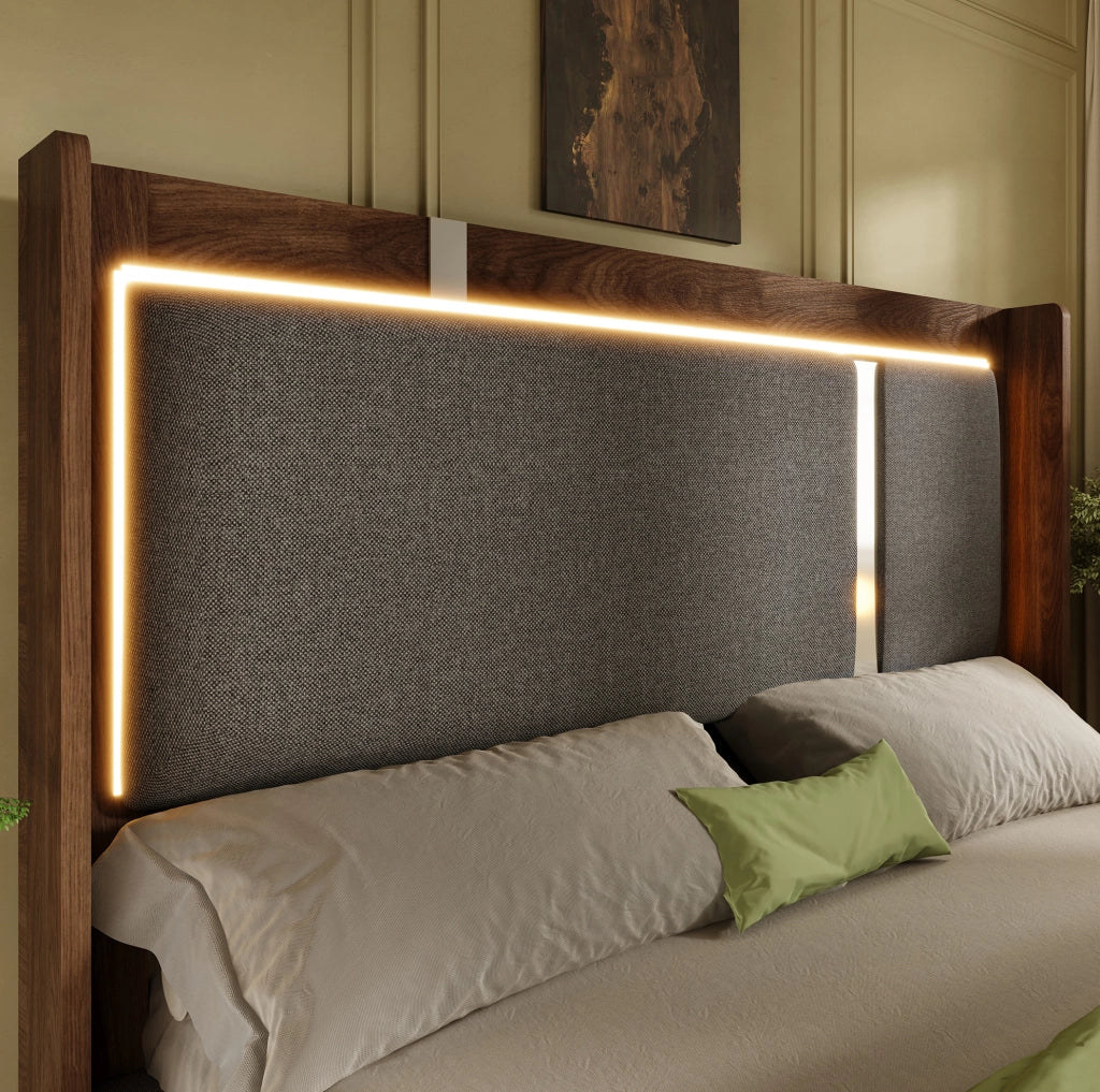 Letto Matrimoniale 140x200 con Contenitore, LED e Rete a Doghe, Tessuto Lino Grigio e Noce, Senza Materasso