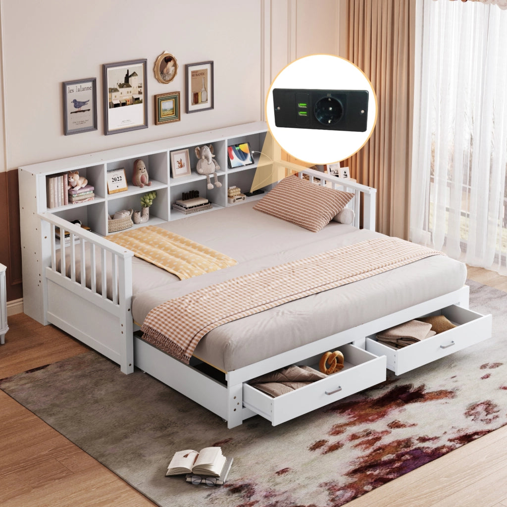 Letto divano estraibile 90×190 e 180×190 cm con 2 cassetti, mensole e presa, senza materasso, bianco in legno