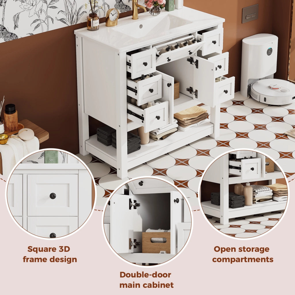 Mobile sottolavabo autoportante con lavabo in ceramica 6 cassetti anta doppia ripiano MDF bianco 91,5 × 46,5 × 90 cm