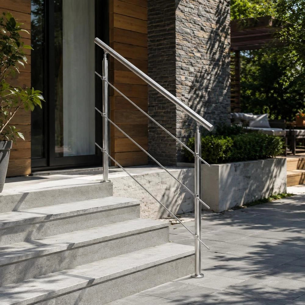 Corrimano per Gradini Esterni; Kit Corrimano per Scale 3 Traverse 120 cm Lunghezza; Ringhiere Transizione Acciaio Inox Kit Installazione