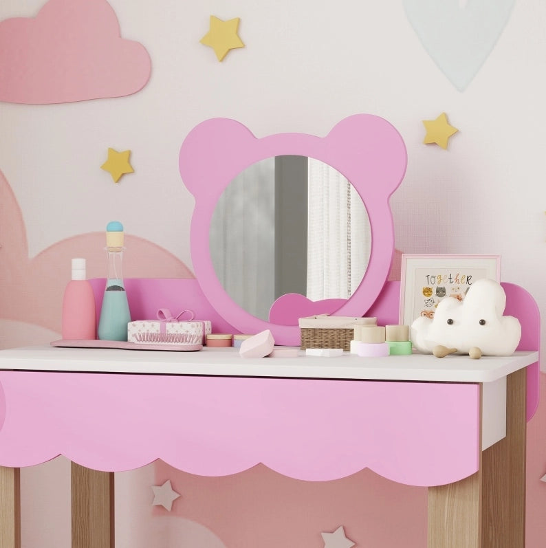 Toeletta per bambini ULEVR rosa con specchio acrilico a forma di orsetto, cassetto e sgabello