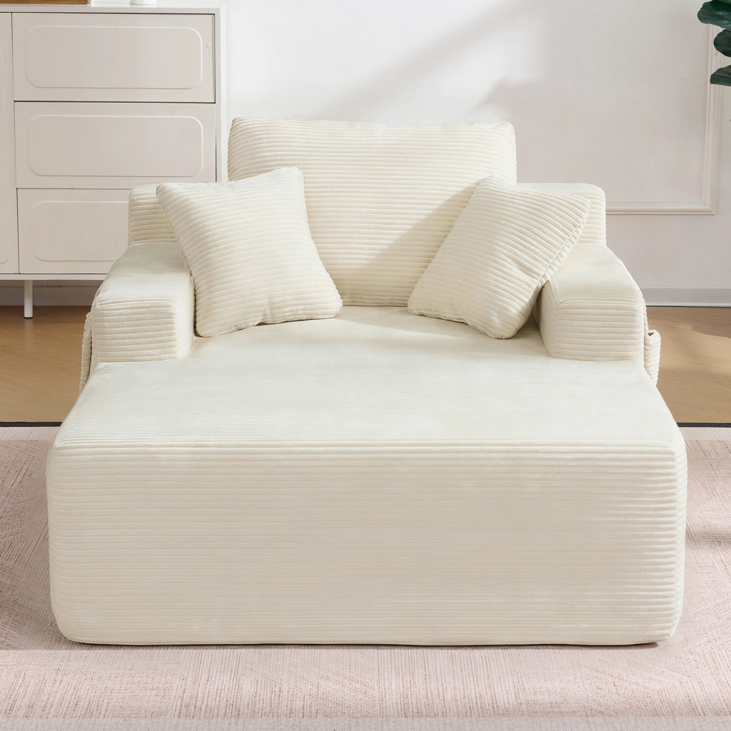 Divano dritto compatto con tasche laterali e cuscini, con imbottitura a molle, in velluto a coste beige