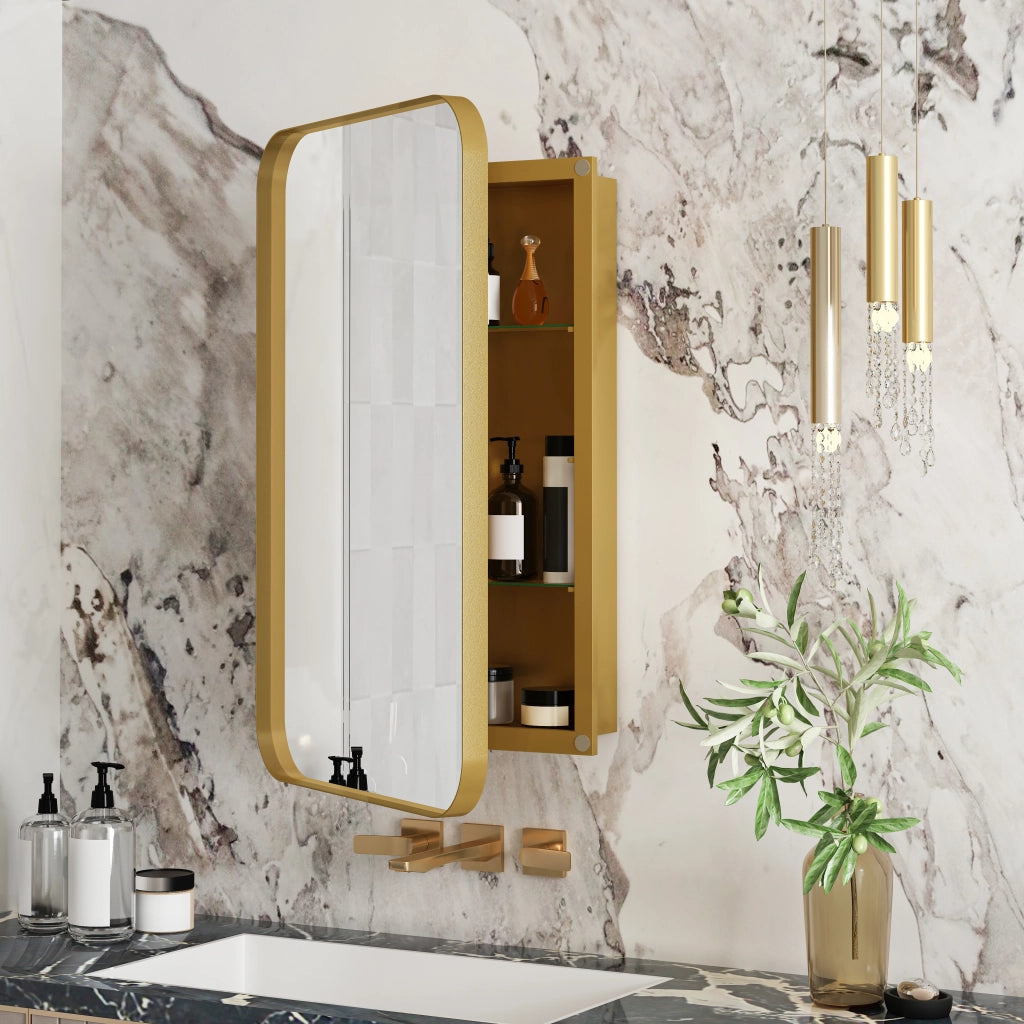Armadietto da bagno con specchio a parete o da incasso in metallo e vetro temperato oro