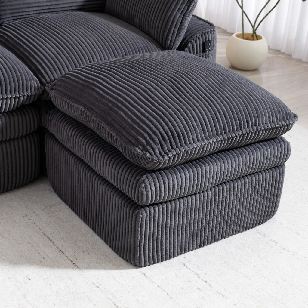 Divano modulare 3 posti in velluto a coste con pouf, cuscini e doppie tasche laterali, schiuma a 3 strati con molle per rapido ritorno elastico, colore grigio scuro, 263x167x85 cm