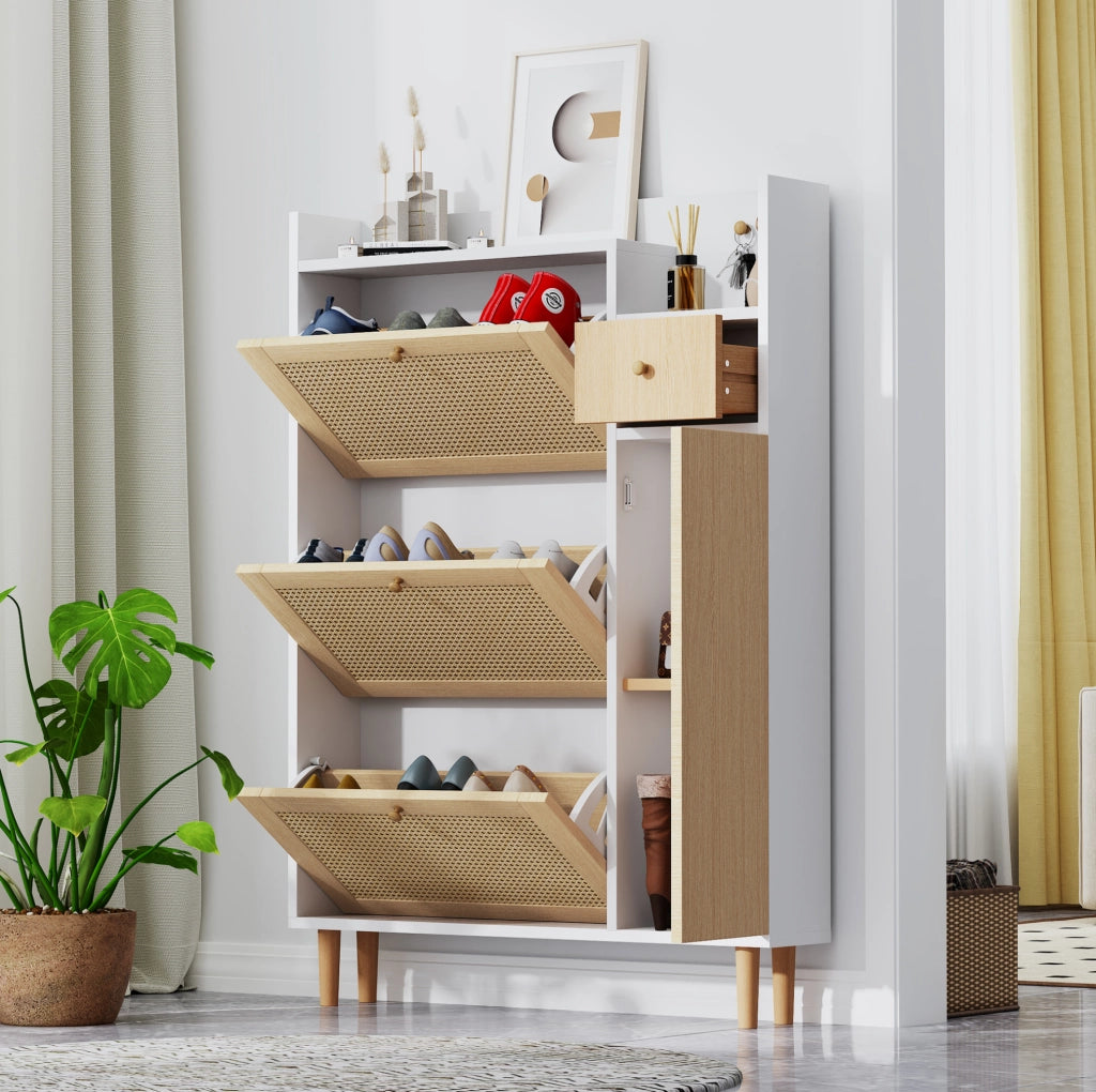 Scarpiera a ribalta con ripiani regolabili; 90 ¡Á 125 ¡Á 17 cm; MDF; naturale e bianco