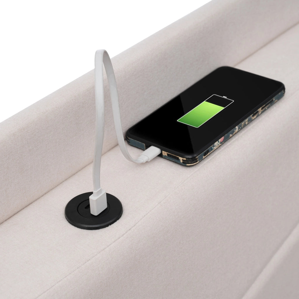 Letto matrimoniale contenitore 140x200 in cotone lino con USB-C, testiera geometrica e materasso