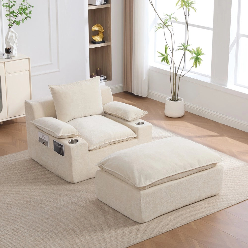 Poltrona Relax Chaise Longue ¨C Minimal ¨C Beige in Chenille con 4 Cuscini, Portabibite e Tasche Portaoggetti per Soggiorno