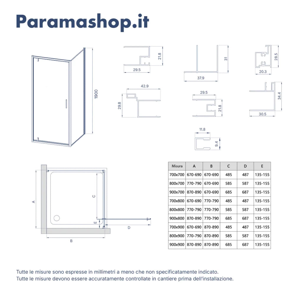Box doccia cromato 90x80cm con anta a battente da 90cm e parete fissa da 80cm vetro 6mm trasparente anticalcare h190 | Lerici