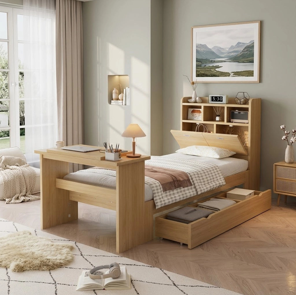 Letto singolo ULEVR 90x200 cm con cassetto, ripiano testiera e tavolo pieghevole regolabile, rovere naturale