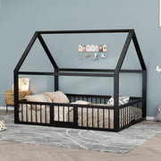 Letto a casetta 140 × 200 cm con barriera e cancelletto in metallo nero senza materasso
