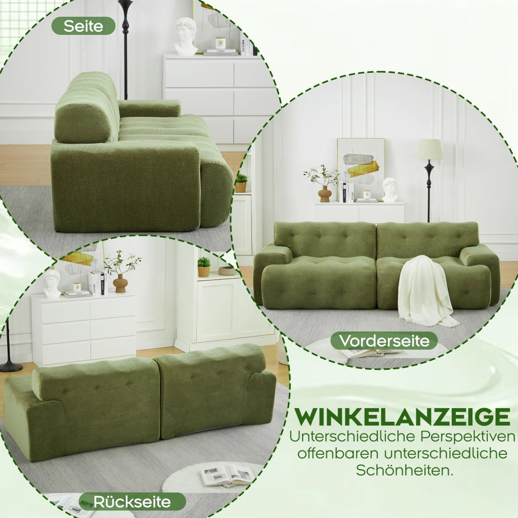 Divano modulare 2 posti in ciniglia con braccioli ampi bottoni verde 224 × 104 × 66 cm