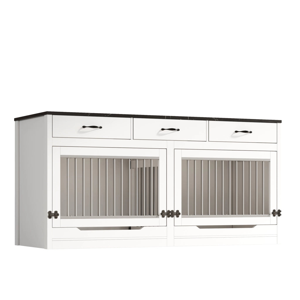Gabbia per Cani in Legno e Metallo 164 x 60 x 81 cm con Porta Sollevabile e 3 Cassetti Bianca e Nera