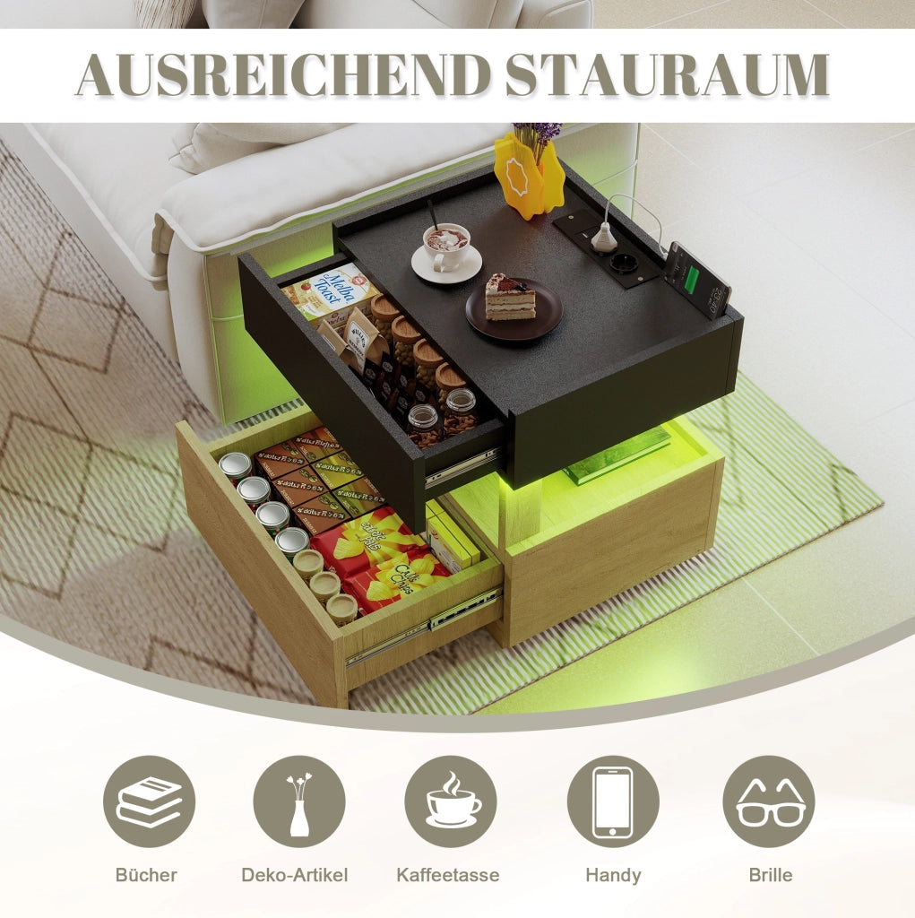 Comodino smart con ricarica wireless, LED, USB e 2 cassetti