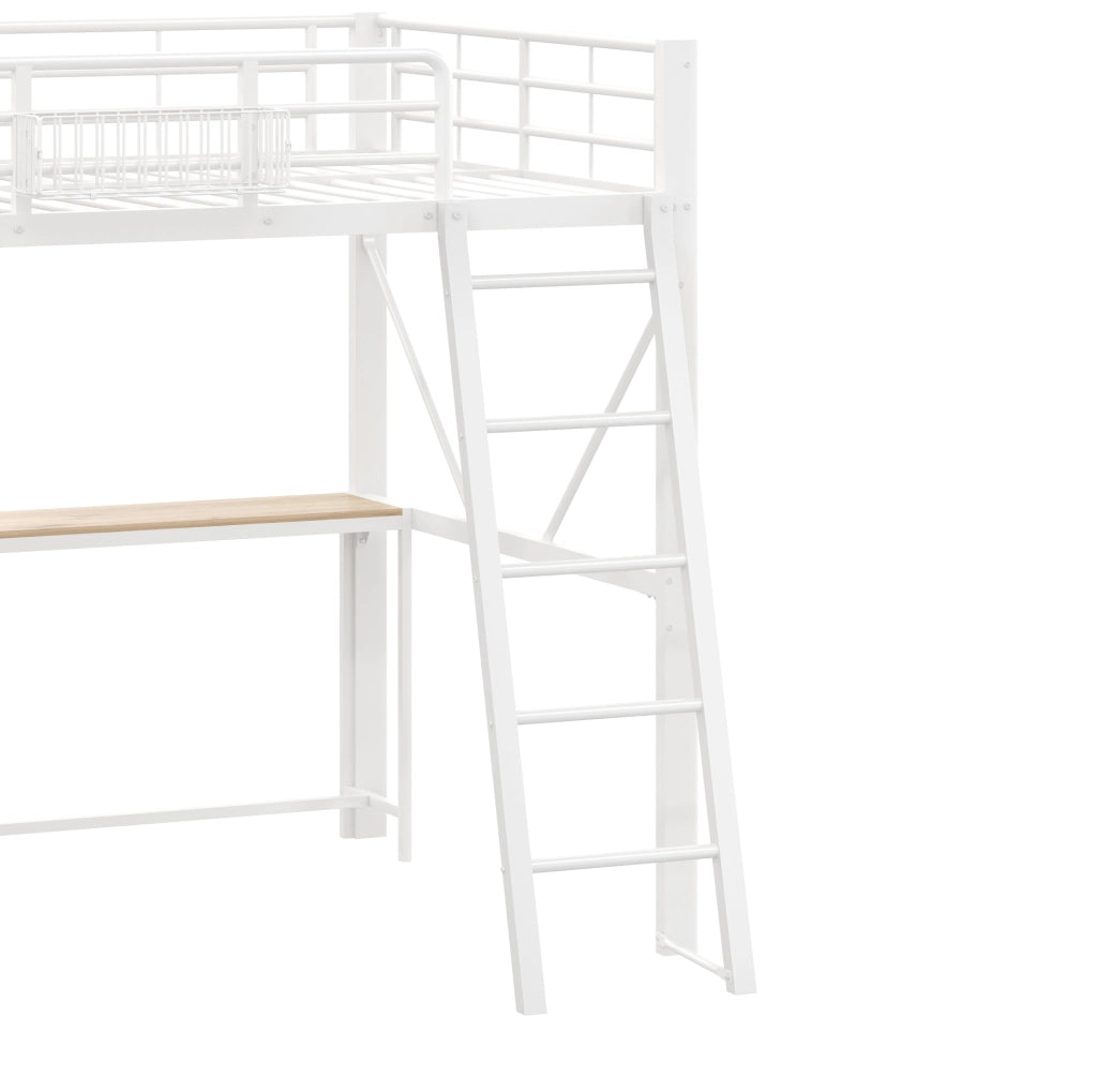 Letto a soppalco 140x200 cm in metallo bianco con scrivania, scaffale, LED e ricarica