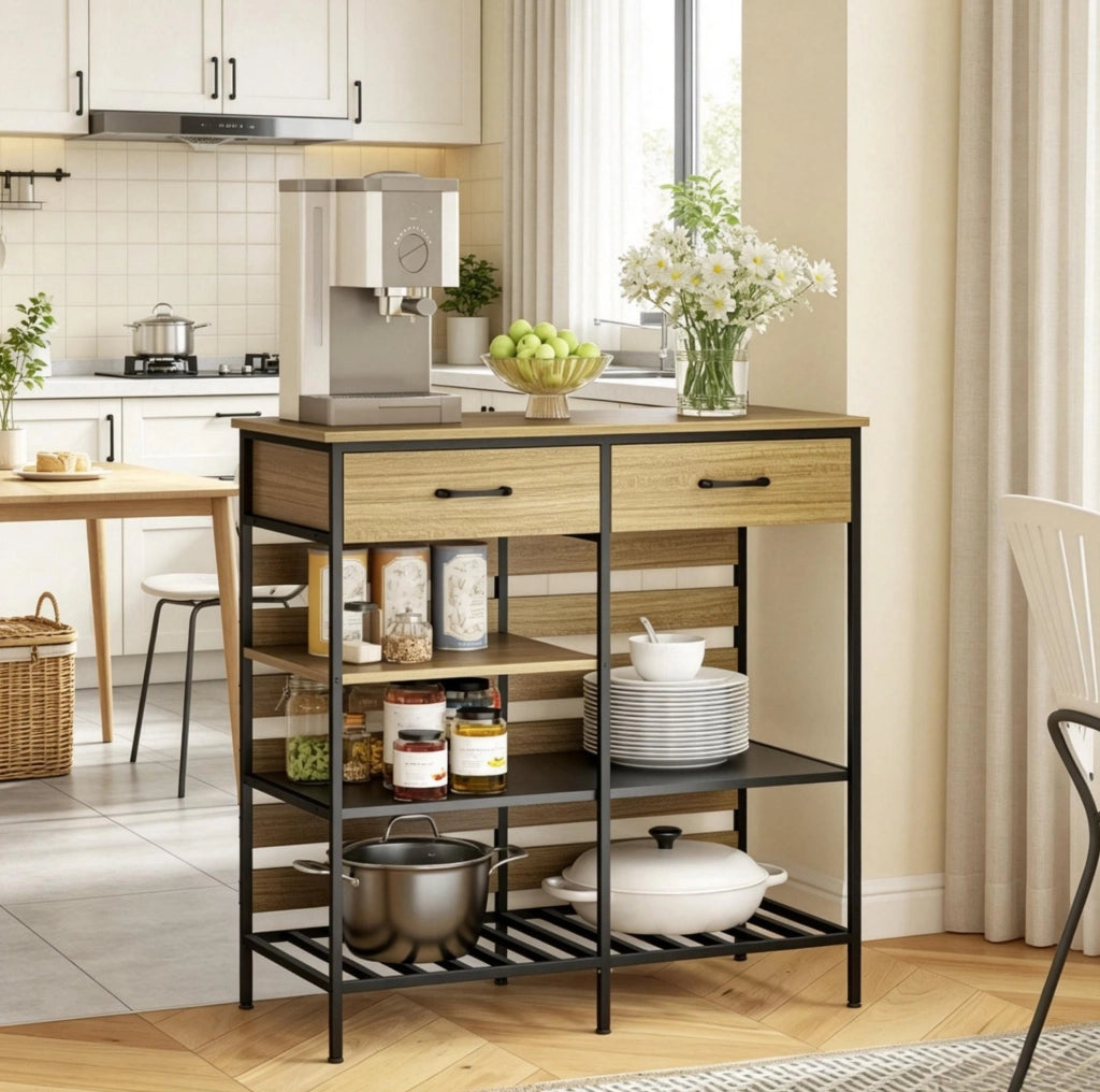 Credenza ULEVR 90x40x91 cm con 2 cassetti e 3 ripiani aperti, pannello truciolare e acciaio naturale e nero