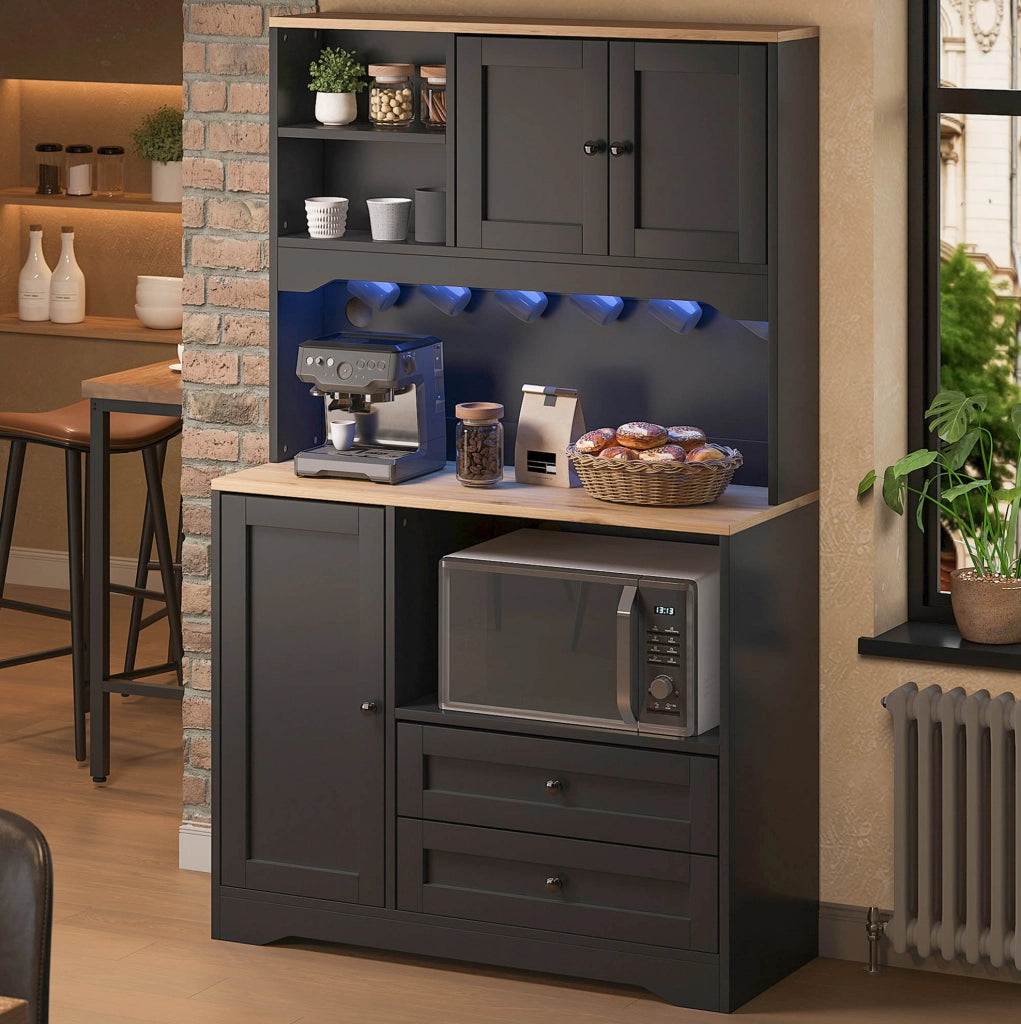 Mobile dispensa cucina 100x40x163 cm con vano microonde; LED e prese USB nero HOMVRA
