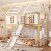 Letto a castello a casetta per bambini 90 x 200 cm; con scivolo; scala flessibile; protezione anticaduta a 360  ; finestra; struttura in legno; bianco