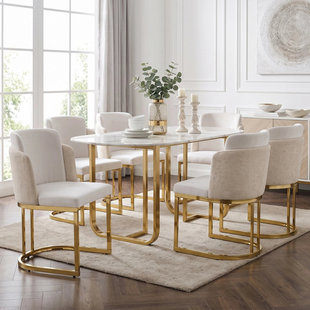 Set di 4 sedie con doppio schienale in ciniglia beige e gambe in metallo oro