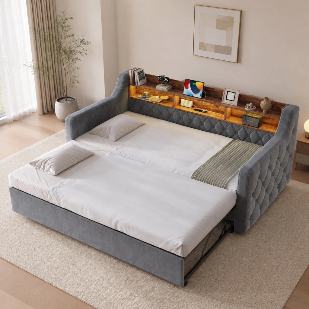 Letto divano estraibile 90 × 190 cm con LED, USB, Type-C e testiera contenitore, senza materasso, grigio scuro