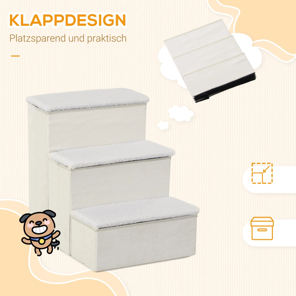 Scaletta per animali 3 gradini pieghevole con vano contenitore in MDF bianco 40 × 54 × 48 cm per divano e auto