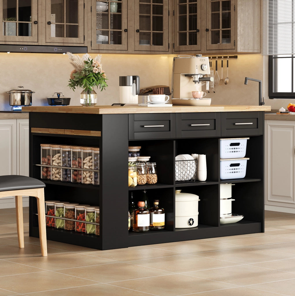 Isola da cucina 150x90x90 cm con tavolo estraibile 80x96 cm; MDF naturale e nero