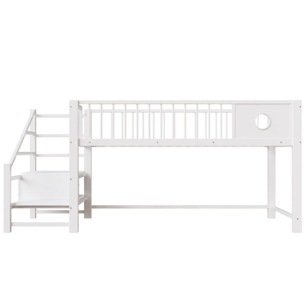 Letto a Soppalco Basso per Bambini Singolo 90x200 cm Struttura in Metallo Bianco con Scala Contenitore