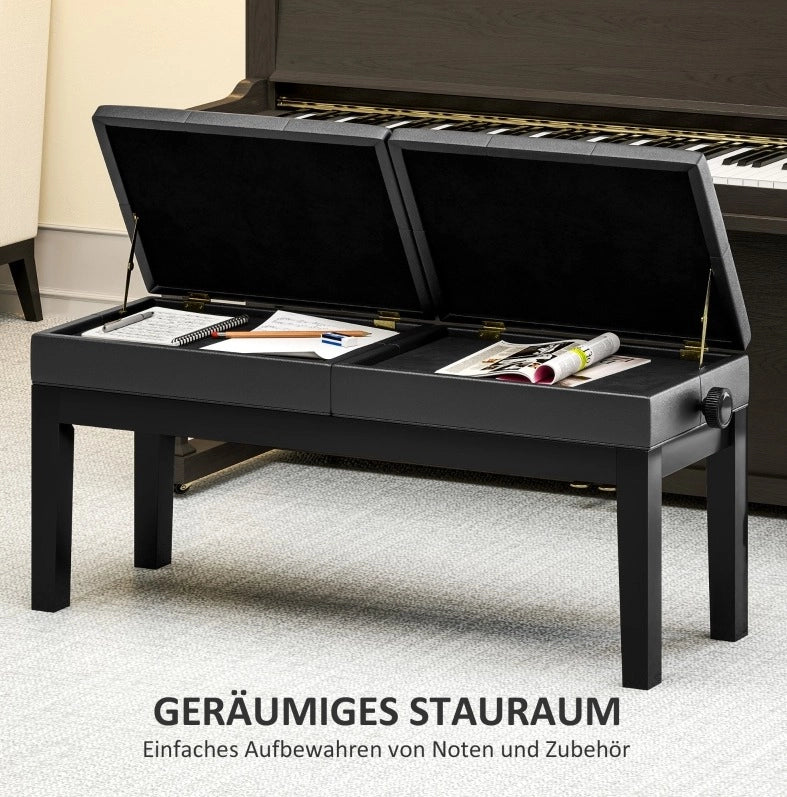 Panca per pianoforte regolabile in altezza con doppio sedile e vano contenitore, rivestimento in ecopelle nero, 105 x 37 x 48-58 cm, portata 220 kg