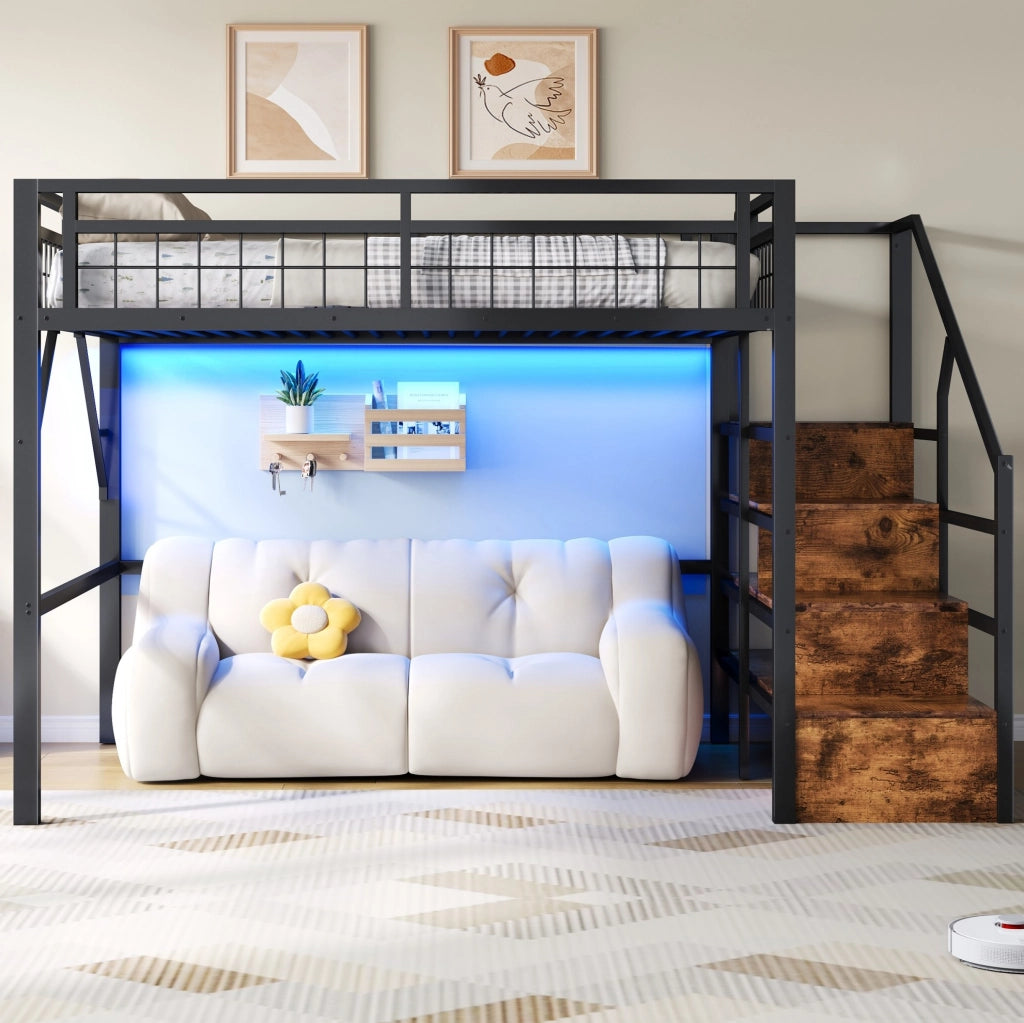 Letto a soppalco 140 x 200 cm nero con LED e gradini contenitore