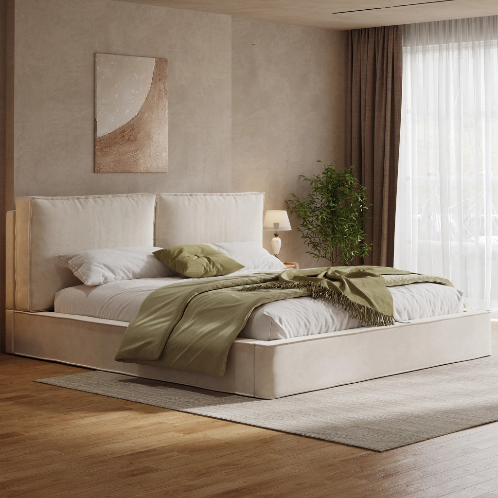 Letto imbottito matrimoniale 180 x 200 cm con rete a doghe e testiera imbottita - Beige, chenille