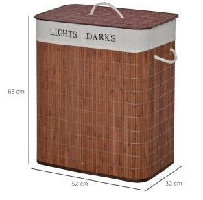 Cesto per biancheria 100L in bambù con sacco lavabile, 3 maniglie, colore marrone e bianco, 52x32x63 cm