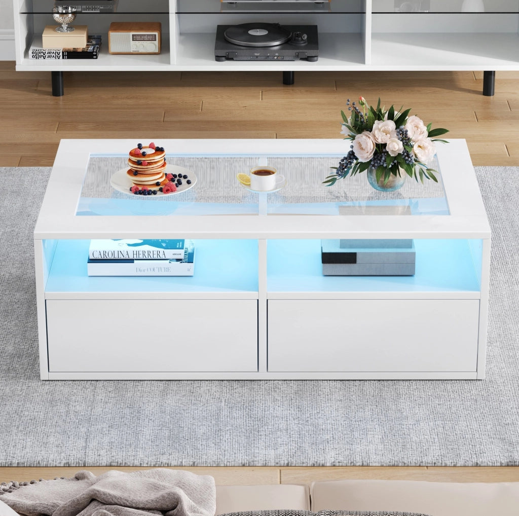 Tavolino da caffè bianco 100 x 50 x 35 cm con LED; 2 cassetti; piano in vetro temperato
