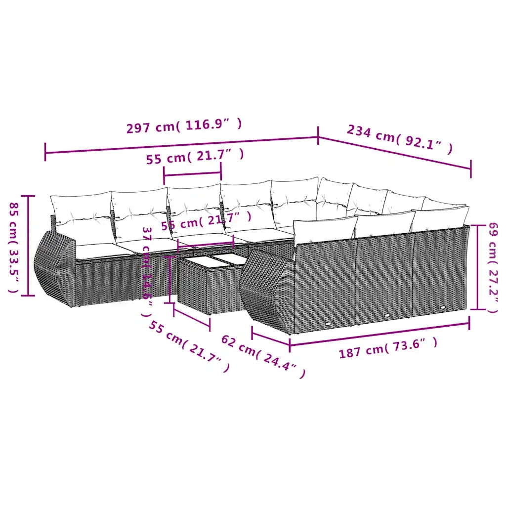 Set Divani da Giardino 11 pz con Cuscini Nero in Polyrattan 3221896