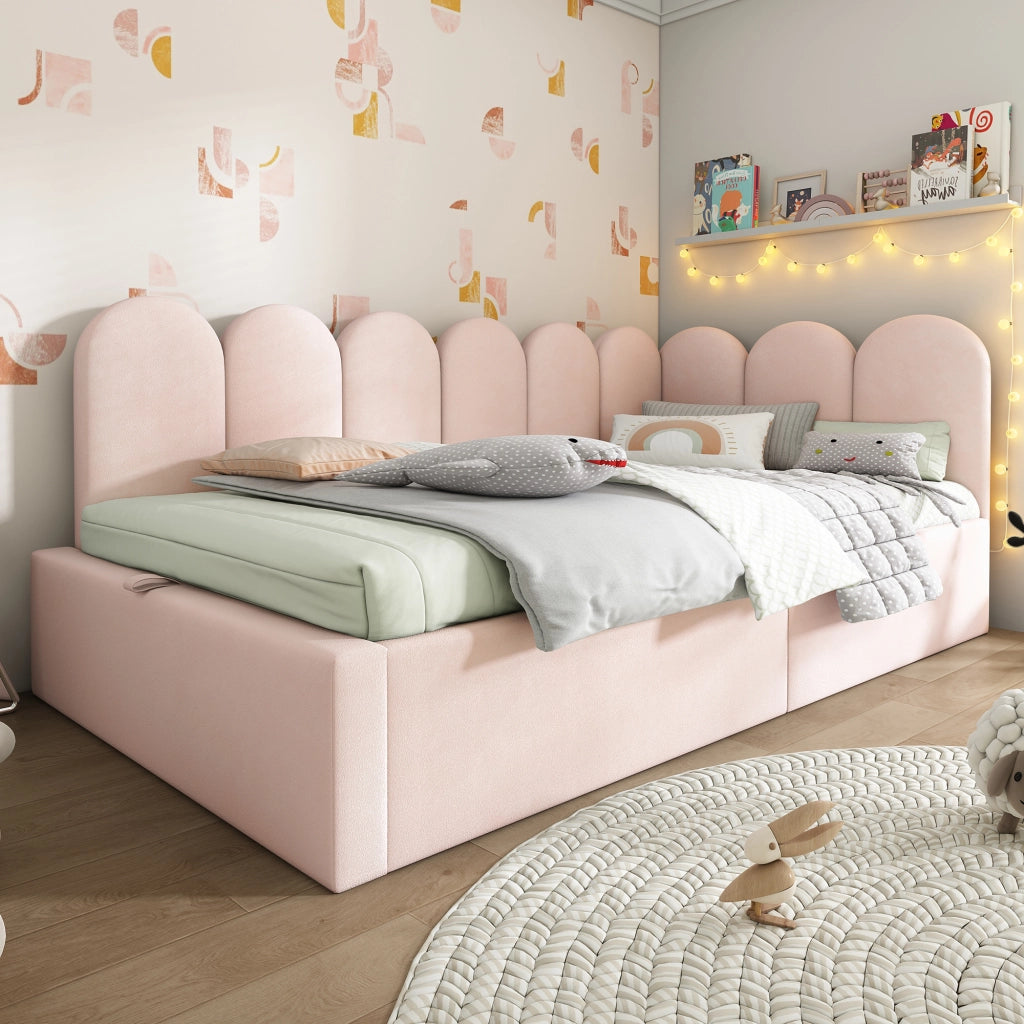 Letto divano singolo 90 × 190 cm con vano idraulico e sponda imbottita, senza materasso, velluto rosa