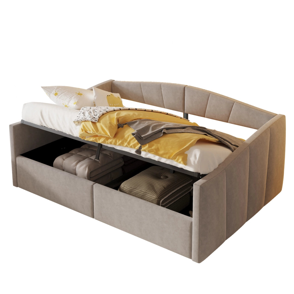 Letto divano 140 × 200 cm matrimoniale con contenitore idraulico e braccioli; senza materasso; velluto grigio chiaro