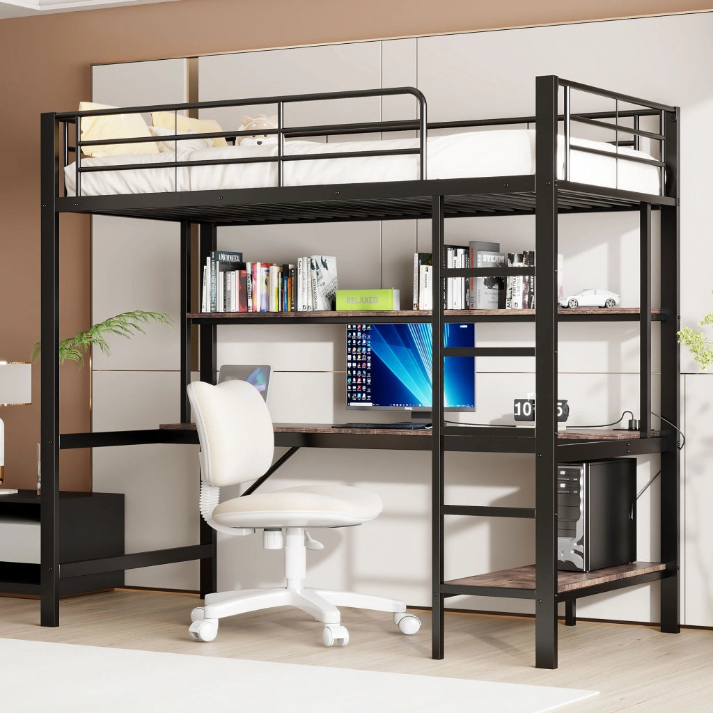 Letto a soppalco 90 x 200 cm, spondine, scaletta, USB e presa, luci LED, scrivania, mensola multilivello, senza materasso, metallo - Nero