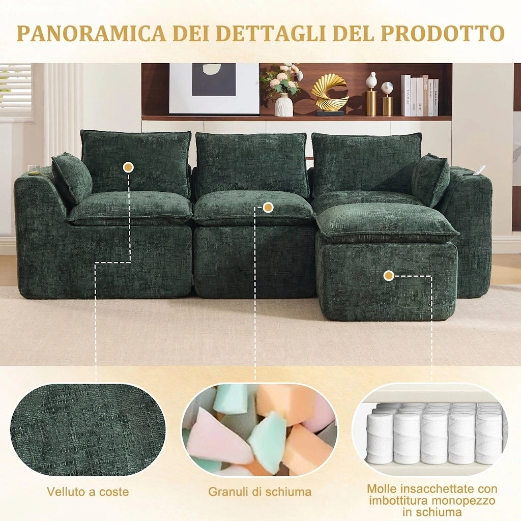 Divano modulare 3 posti con pouf 256 cm; portabicchieri e tasche laterali; ciniglia; verde scuro