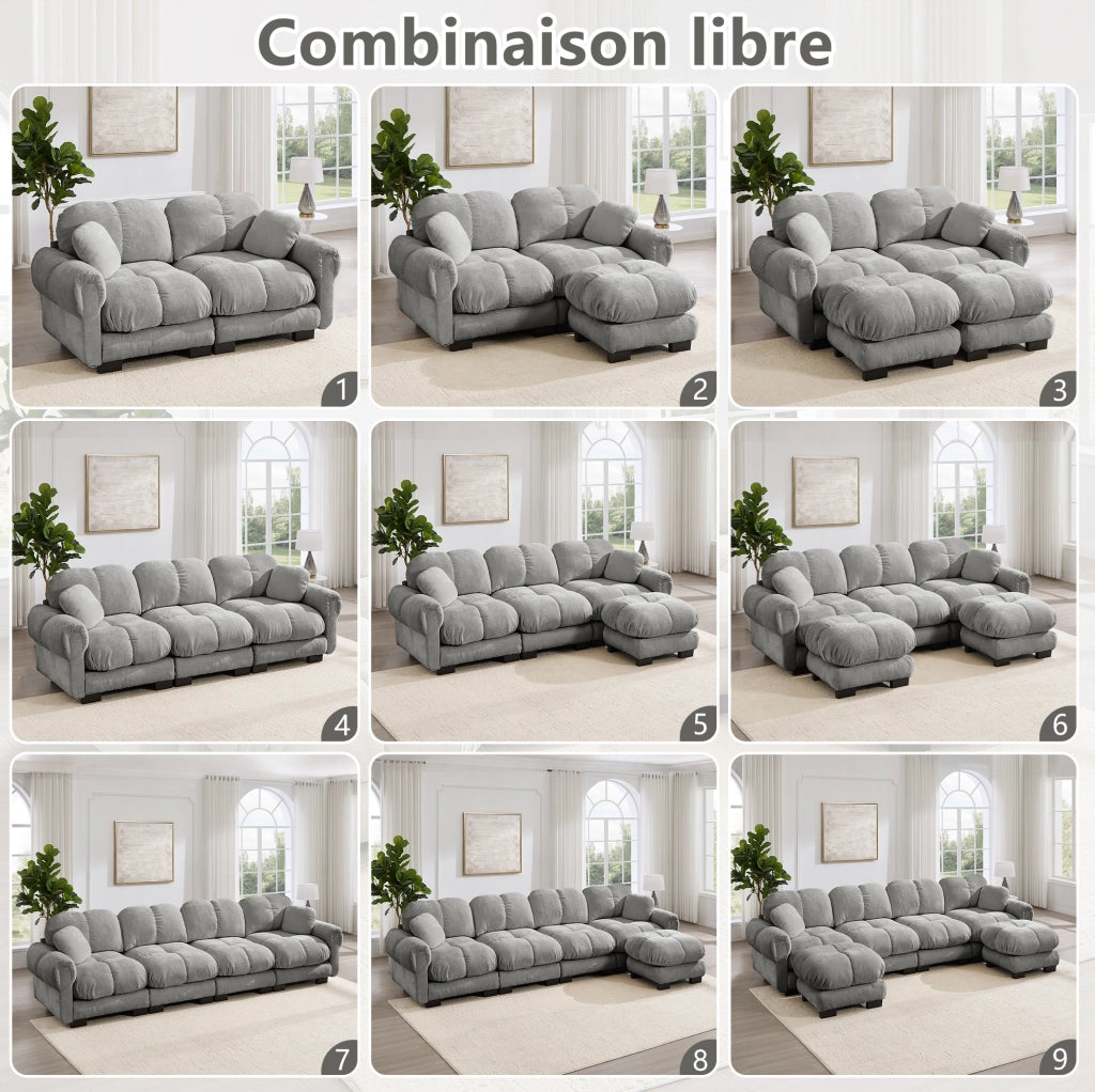 Divano modulare ULEVR 190x149 cm in ciniglia grigio chiaro, cuscini trapuntati e moduli con connessioni a perni